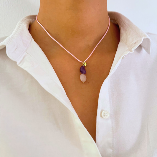 Rosenquarz Halskette mit Amethyst