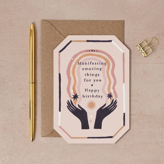 Geburtstagskarte mit Kristallen und Affirmation in Edelsteinform