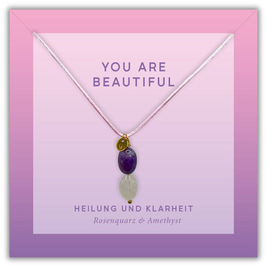 Rosenquarz Halskette mit Amethyst